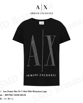 Armani Exchange เสื้อยืดคอกลมผู้หญิง รุ่น Icon Project Slim Fit T-Shirt With Rhinestone Logo Code: 8NYTDX YJG3Z 8218