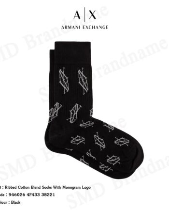 Armani Exchange ถุงเท้าข้อยาว รุ่น Ribbed Cotton Blend Socks With Monogram Logo Code: 946026 4F433 38221