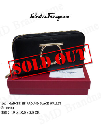 Salvatore Ferragamo กระเป๋าสตางค์คุณผู้หญิงใบยาวแบบซิป รุ่น GANCINI ZIP AROUND BLACK WALLET Code: 22 D291 0691138