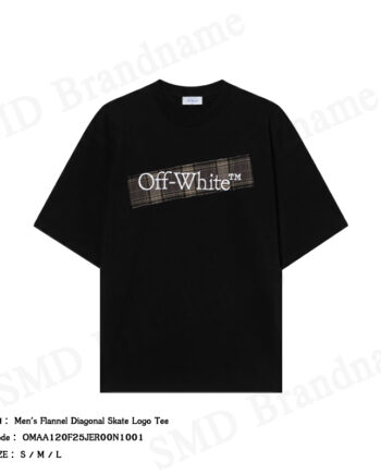 Off-White เสื้อยืดคอกลมผู้ชาย รุ่น Men's Flannel Diagonal Skate Logo Tee Code: OMAA120F25JER00N1001
