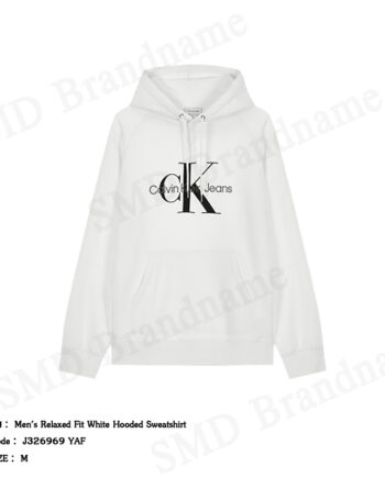 Calvin Klein Jeans เสื้อสเวตเตอร์ผู้ชาย รุ่น Men's Relaxed Fit White Hooded Sweatshirt Code: J326969 YAF