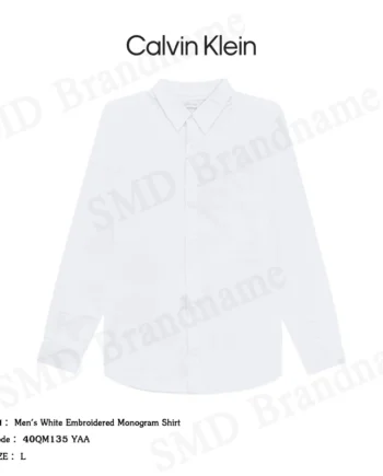 Calvin Klein เสื้อเชิ้ตแขนยาวผู้ชาย รุ่น Men's White Embroidered Monogram Shirt Code: 40QM135 YAA